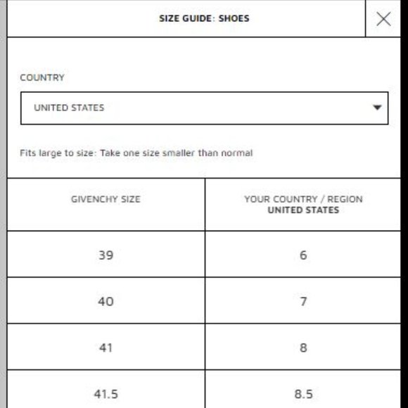 givenchy size guide shoes